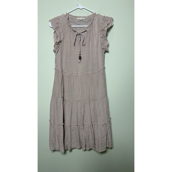 Pink Chicken Dresses & Skirts - Indigo Rose Womens PS Petite Small Pink Tiered Dress Ruffle Sleeve Keyhole Tie
